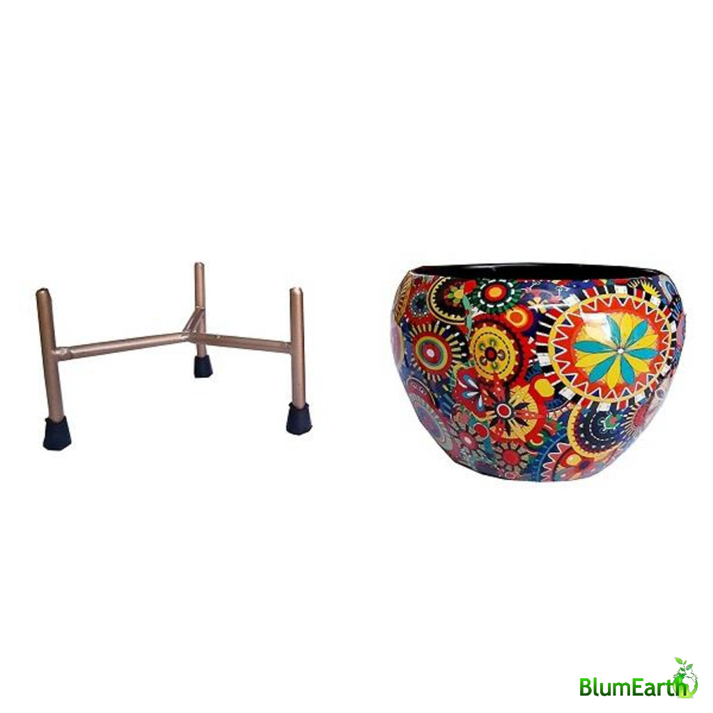 Multicolour Pattern Round Metal Pot With Stand