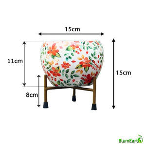 White Floral - Round Metal Pot With Stand