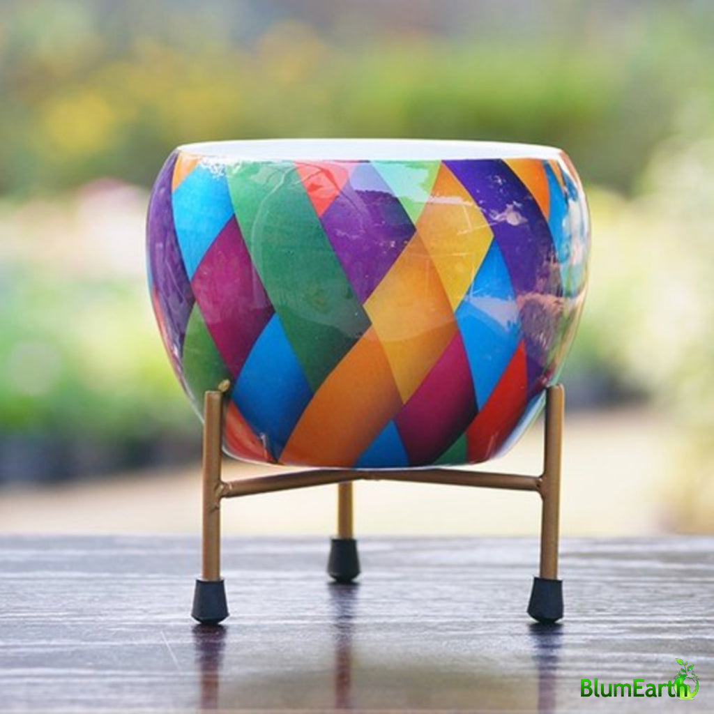 Multicolour Symmetrix - Round Metal Pot With Stand