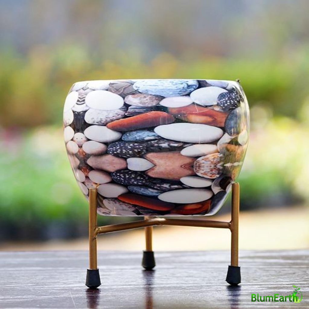 Pebble Stone - Round Metal Pot With Stand