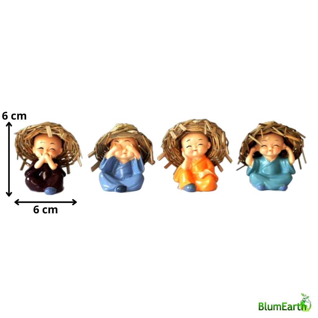 Cute Sitting Monks With Hat, Miniatures, Size 6 cm - Set of 4