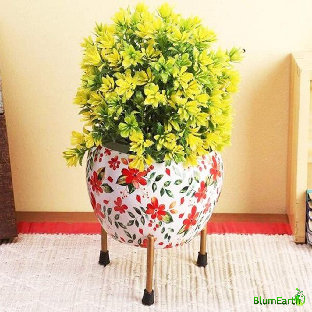 White Floral - Round Metal Pot With Stand