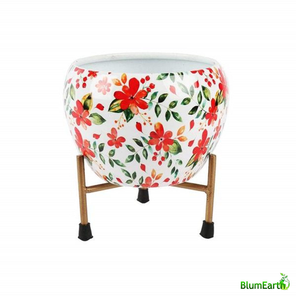 White Floral - Round Metal Pot With Stand