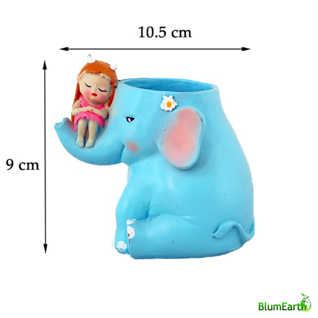 Beautiful Elephant With Cute Little Girl, Resin Pot