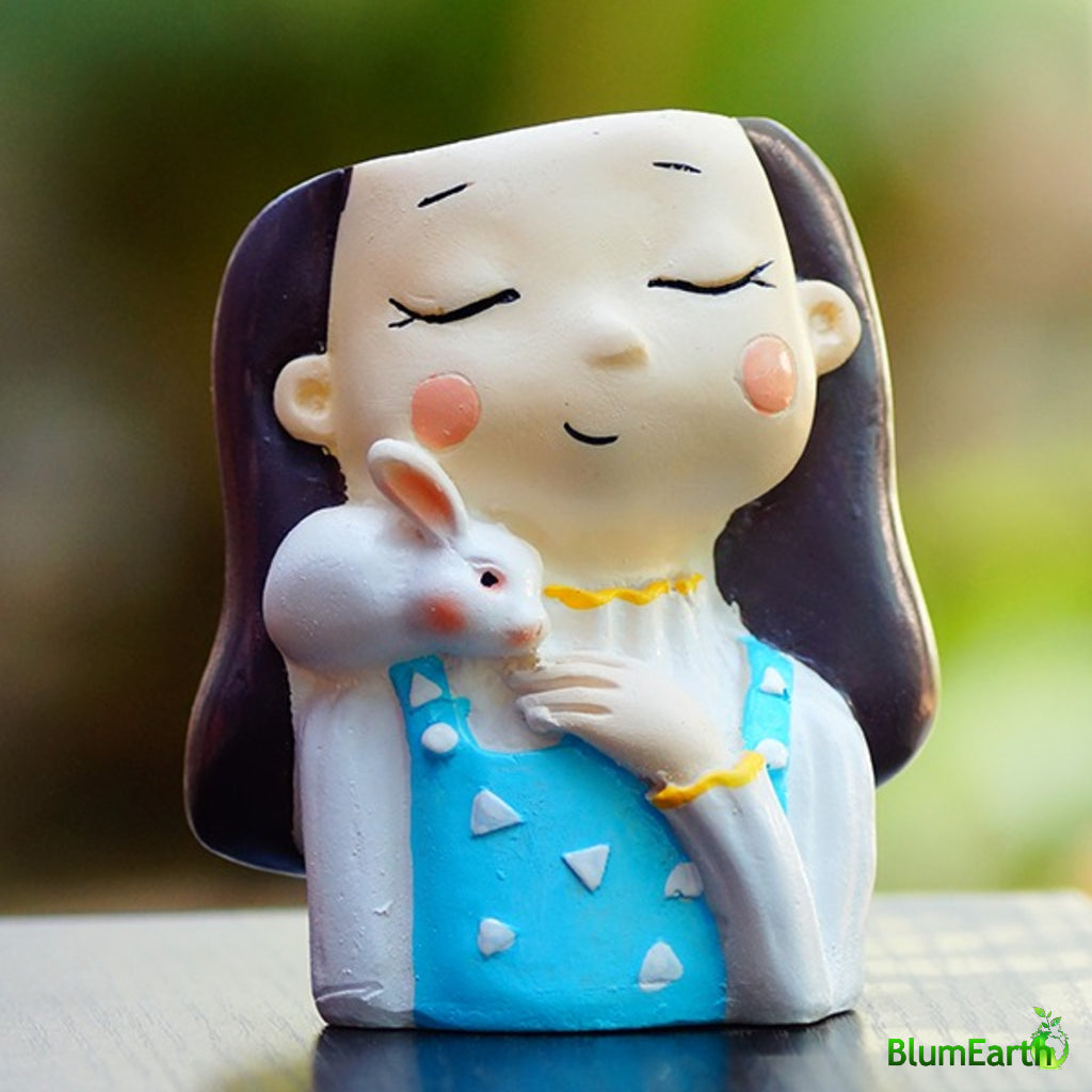 Cute Blue Girl with Rabbit, Resin Pot