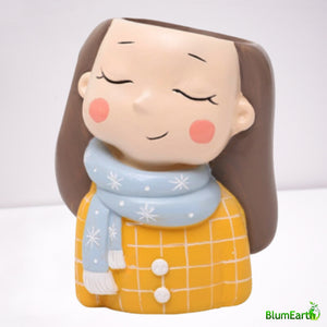 Cute Yellow Girl with Scarf, Resin Pot