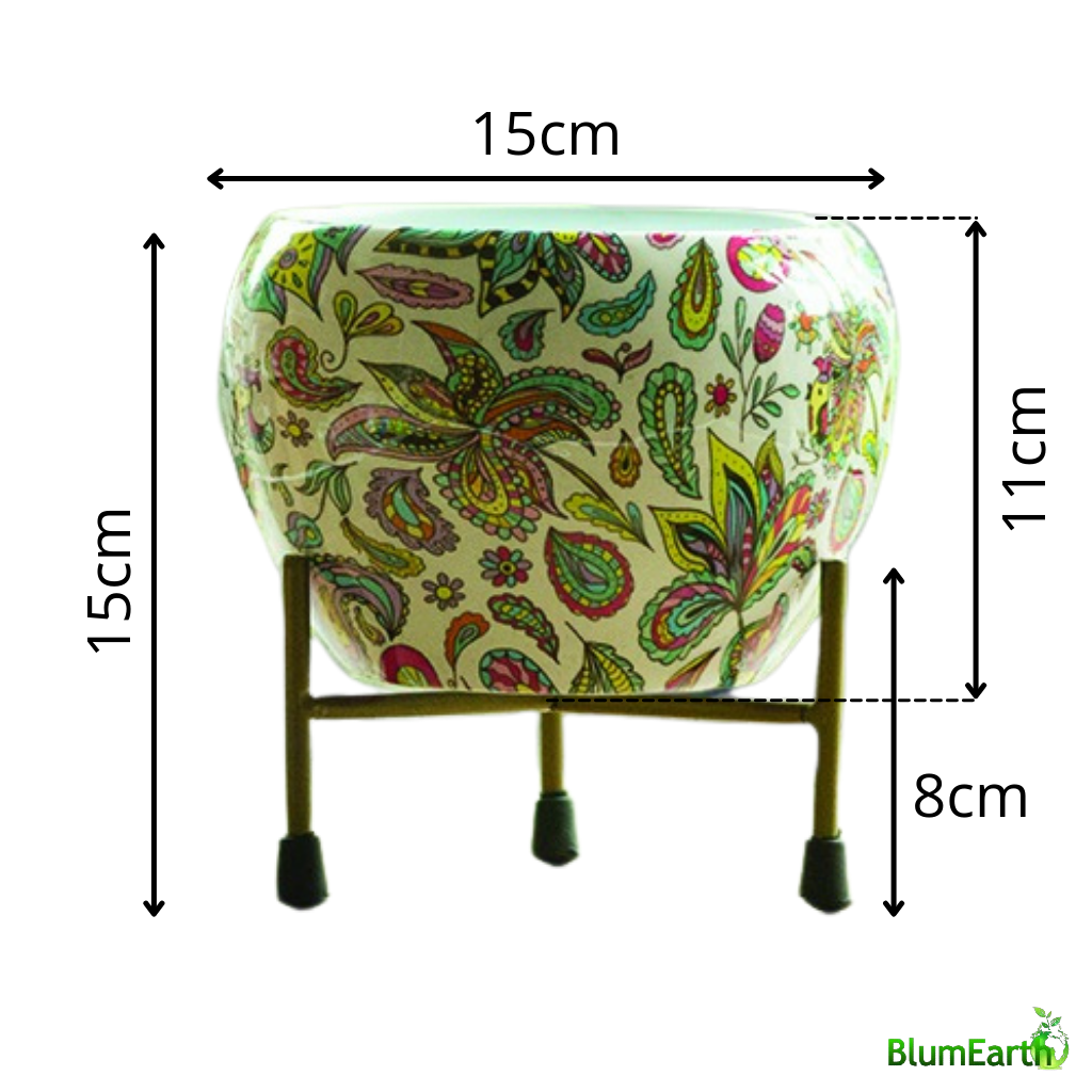 Floral printed round metal pot with stand