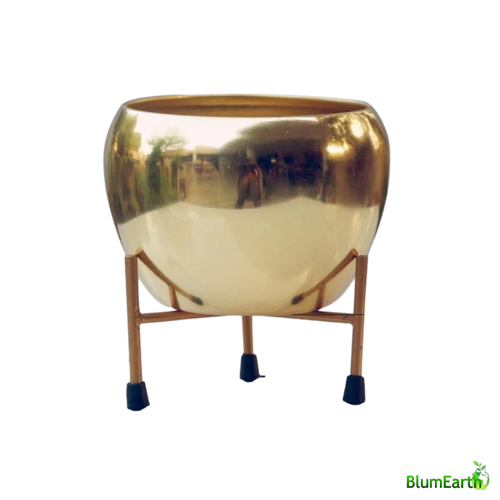 Golden round metal pot with stand