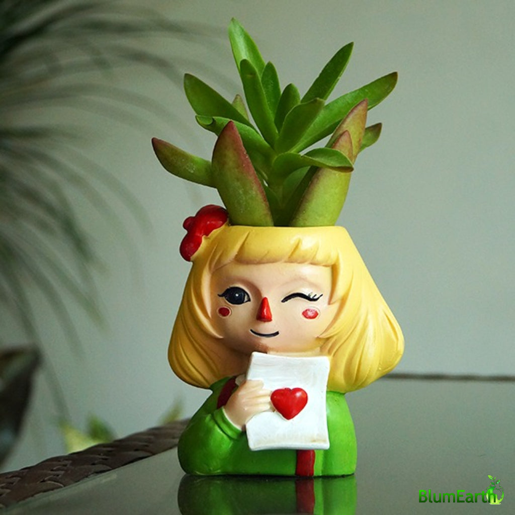 Green Wink Girl Resin Pot