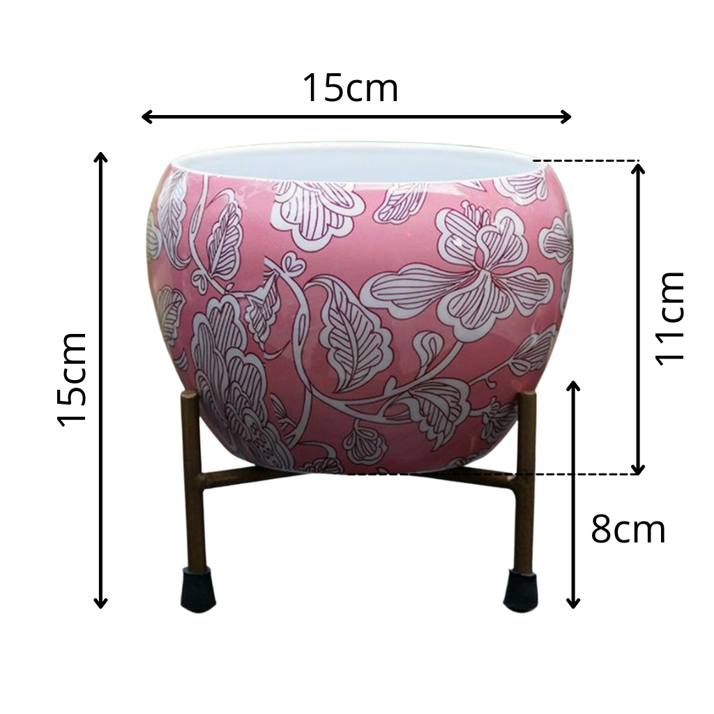Pink Floral - Round Metal Pot With Stand