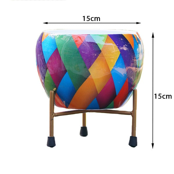 Multicolour Symmetrix - Round Metal Pot With Stand