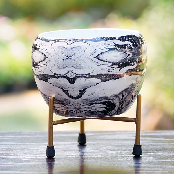 Marble Finish White - Round Metal Pot With Stand