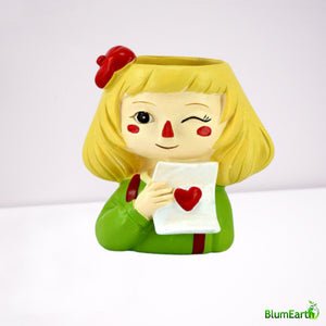 Green Wink Girl Resin Pot